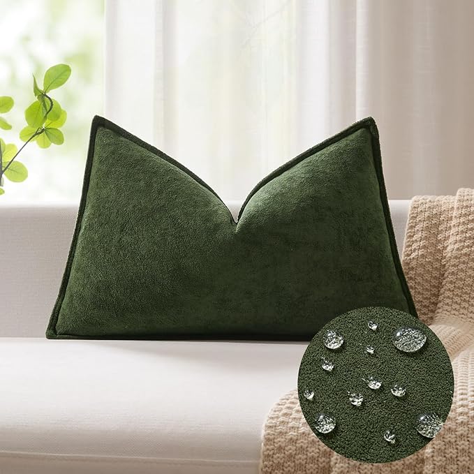 Kevin Textile 12x20 Inch Lumbar Pillow Cover 1 Pack Soft Boucle Textured Decorative Waterproof Rectangle Cushion Elegant Accent Pillow for Couch Sofa Chair Bed Home Decor Indoor Outdoor Moss Green
