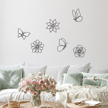 Hotop 6 Pieces Metal Butterfly Wall Decor Metal Wall Art Heart Hanging Decorations Wire Flowers Decals Decor for Kitchen Bathroom Indoor Outdoor Wedding Birthday Party(Stylish,Black)