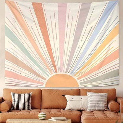 Kanuyee Boho Sun Tapestry Wall Hanging, Retro 70s Abstract Striped Aesthetic Sunrise Vintage Tapestries for Bedroom Living Room 68×90 inch