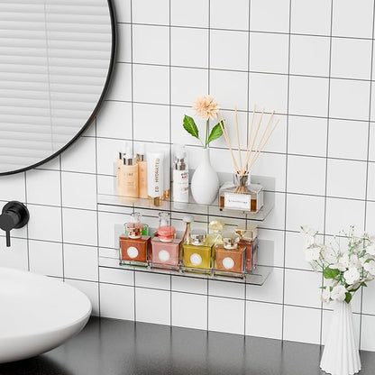 4 Pack Clear Acrylic Shelves for Wall with Adhesive,15 Inch No Drill Floating Shelves for Bathroom,Bedroom,Renter Friendly,Kids Room Bookshelf,Wall Display Shelf for Lego,Funko Pop,Figurine,Perfume