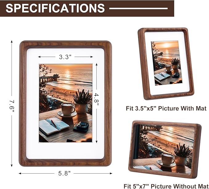 TEYCLZORE 5x7 Natural Walnut Picture Frame, Handmade Photo Frame, Display 3.5x5 Picture with Mat or 5x7 Without Mat, Tabletop Display and Wall Hanging