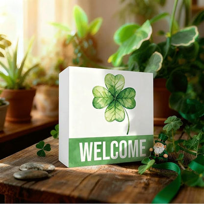 St Patrick's Day Welcome Decor Wooden Box Sign, Green Shamrock Tabletop Welcome Sign for Home Entryway Shelf Desk, Minimal Farmhouse Holiday Wooden Decoration for Spring Irish Theme 5 x 5 Inches