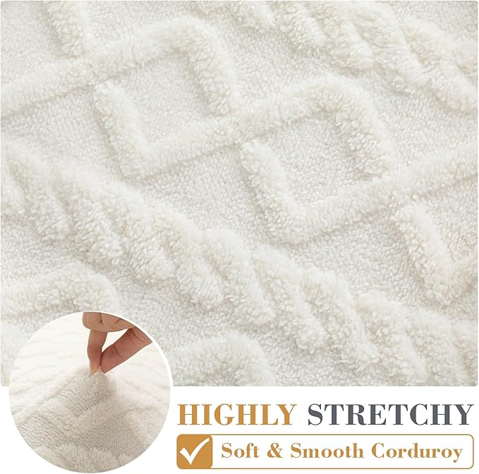 3 Pcs Jacquard Couch Cushion Covers for Sofa Stretch Plush Soft Seat Cover Washable Sofa Slip Covers with Elastic Bottom Modern Boho Furniture Protector for Sectional Slipcovers(Cream)