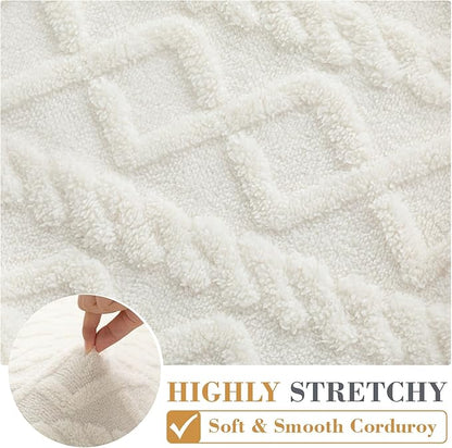 3 Pcs Jacquard Couch Cushion Covers for Sofa Stretch Plush Soft Seat Cover Washable Sofa Slip Covers with Elastic Bottom Modern Boho Furniture Protector for Sectional Slipcovers(Cream)