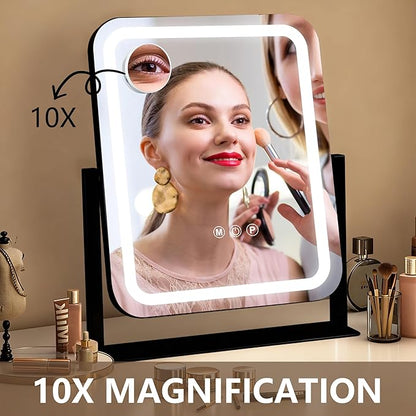 Black Vanity Mirror with Lights 15"×13", Led Makeup Mirror, Lighted Makeup Mirror with 3 Color Dimmable Lights, Smart Touch Screen Control, 360°Rotation