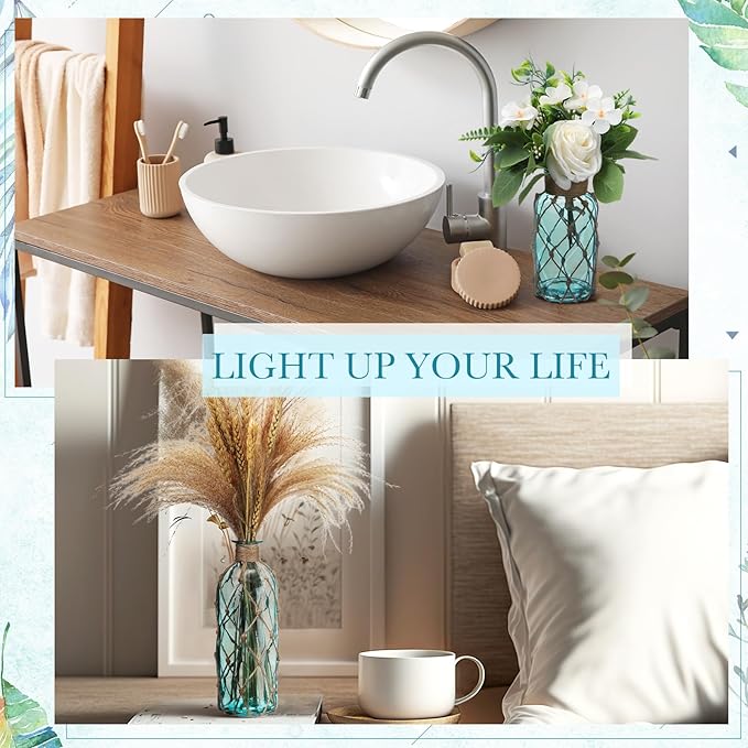 Chuangdi Set of 2 Coastal Glass Vases Christmas Vases for Flowers with Boho Rope Christmas Centerpieces for Tables Small Beach Bottle for Nautical Wedding Floral Arrangement Decorations(Light Blue)