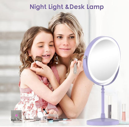 Lighted Makeup Mirror, 3000 mAh Rechargeable Double Sided Magnifying Vanity Mirror with 3 Colors, 1x/10x, 360° Rotation , Brightness Adjustable Magnification Cosmetic Light up Mirror, Women Gift