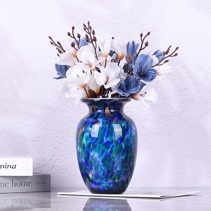 Hand Blown Glass vase, Blue Wide Mouth Large vase for Home Decorative Bouquet, Suitable for Office Living Room TV Stand Kitchen Dining Table Centerpiece Bookshelf entryway Desktop Decoration.