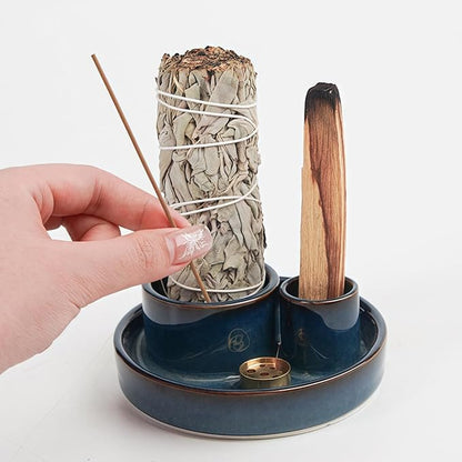 4 in 1 Incense Holder, Ceramic Incense Stick and Palo Santo Holder,Sage Holder for Burning- 4.25" Ceramic Ash Catcher Tray for Meditation and Yoga Room (Blue)