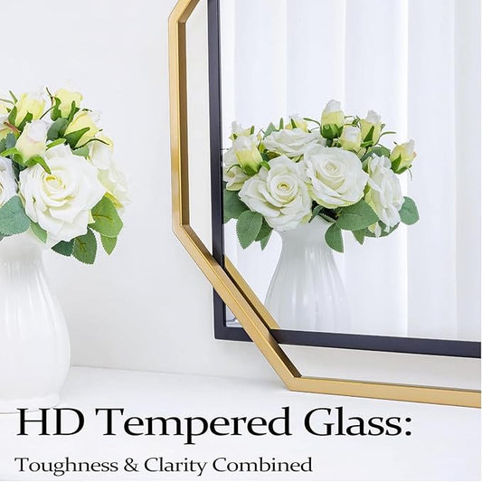 Bathroom Mirror, 40" x 28" Decorative Wall Mirror for Wall, Black and Gold Frame, Modern Metal Octagonal, for Living Room, Dining Room, Entryway