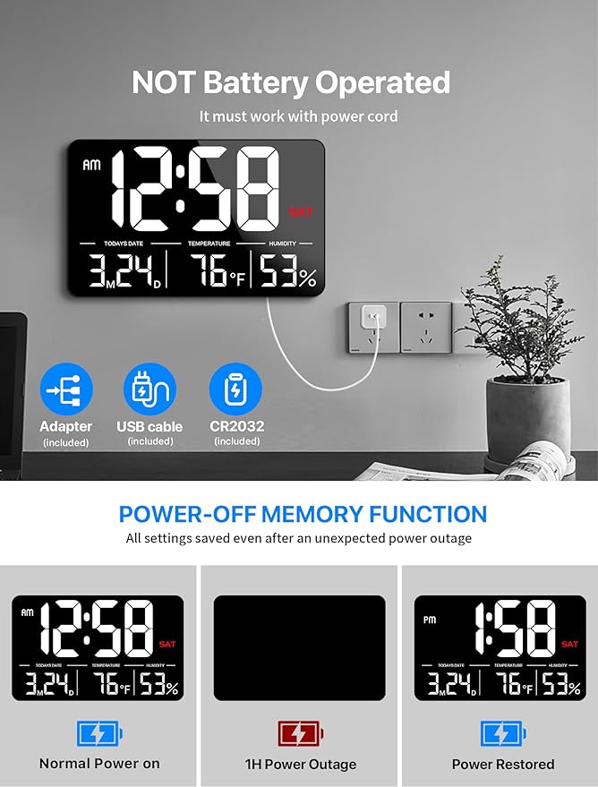 MASHI Digital Clock,13" Large Display Digital Wall Clock, Adjustable Brightness Calendar Clock with Day and Date,DST,Alarms,Humidity, Temperature for Desk, Wall Mounted, for Elderly