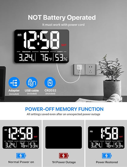 MASHI Digital Clock,13" Large Display Digital Wall Clock, Adjustable Brightness Calendar Clock with Day and Date,DST,Alarms,Humidity, Temperature for Desk, Wall Mounted, for Elderly
