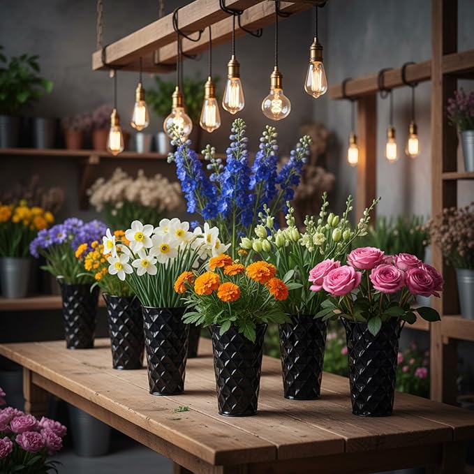 12 Pcs Black Metal Flower Vases 9 Inch Galvanized Flower Bucket Spring Farmhouse French Bucket with Handles, Floral Vases for Centerpiece Bar Wedding Bouquet Table Decoration Supplies