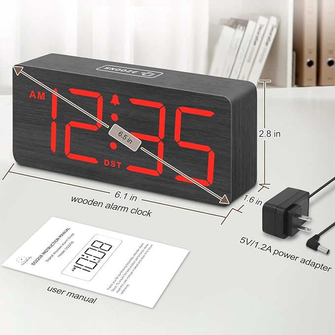DreamSky Wooden Digital Alarm Clock for Bedroom - Desk Clocks for Living Room with Large Numbers, Loud Alarm for Heavy Sleepers with Volume Control, Dimmer, DST, Office Wood Decor (Plug in Clock)