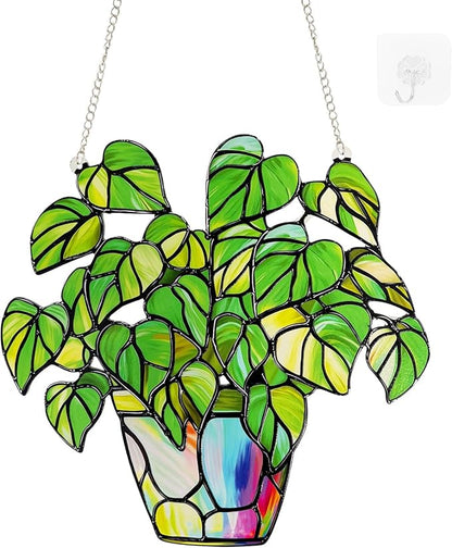 Stained Glass Plant Suncatcher Window Hanging, Marzovitra 10 Inch Real Glass Potted Green Leaves Sun Catcher with Chain Botanical Sun Catcher Window Decor for Home Garden, Plant Lover Gift