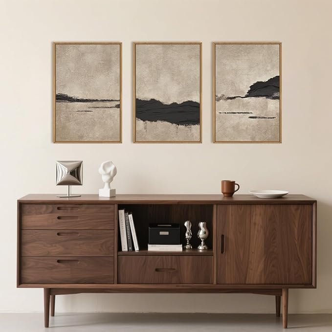 Large Abstract Black and Tan Framed Canvas Wall Art,Vintage Minimalist Wall Decor,Neutral Brush Stroke Artwork,Modern Textured Art Print for Living Room,Bedroom,Office- 24"x36"x3