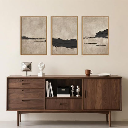 Large Abstract Black and Tan Framed Canvas Wall Art,Vintage Minimalist Wall Decor,Neutral Brush Stroke Artwork,Modern Textured Art Print for Living Room,Bedroom,Office- 24"x36"x3
