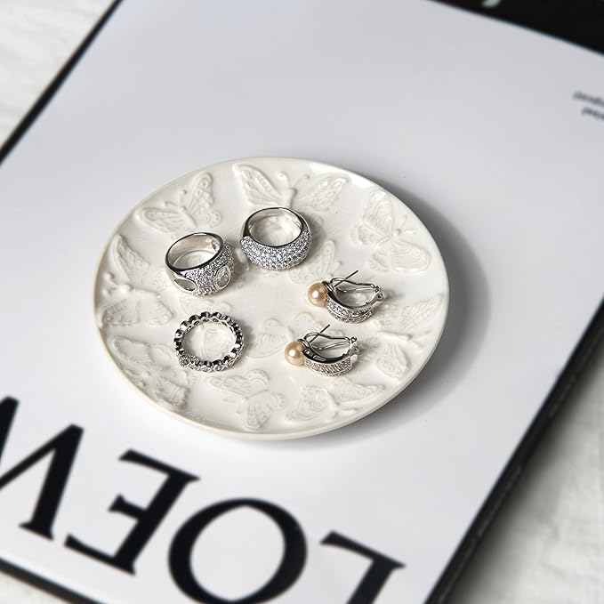 Ceramic Jewelry Dish, Decorative Tray for Rings Earrings Necklaces Bracelet Watch Keys, 4.50" Trinket Tray as Gifts for Women (White Butterflies)