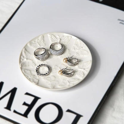 Ceramic Jewelry Dish, Decorative Tray for Rings Earrings Necklaces Bracelet Watch Keys, 4.50" Trinket Tray as Gifts for Women (White Butterflies)