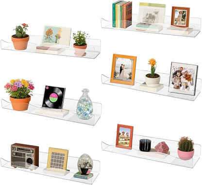 Acrylic Wall Shelf Organizers 15 Inch Floating Shelf for Wall Decor Bookshelf for Kids Modern Clear Wall Mount Shelf for Living Room, Bedroom, Bathroom (6, Clear)
