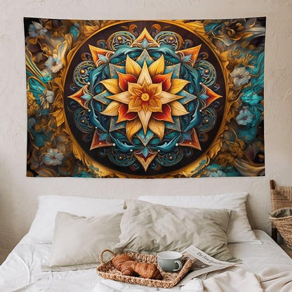 Smacget Mandala Floral Boho Multicolor Flower Psychedelic Wall Hanging for Bedroom Blue Orange Tarot Aesthetic Witchy Home Dorm Decor Hippie Tapestry 40"X28"