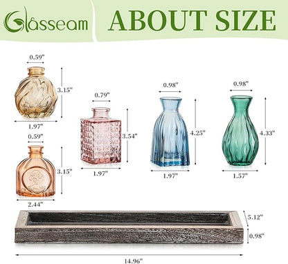 Glasseam Glass Bud Vases for Flower: 5 Colorful Small Vases Set with Rustic Wooden Tray for Home Office Living Room Bathroom - Vintage Table Centerpieces for Birthdays Wedding Housewarming Gifts
