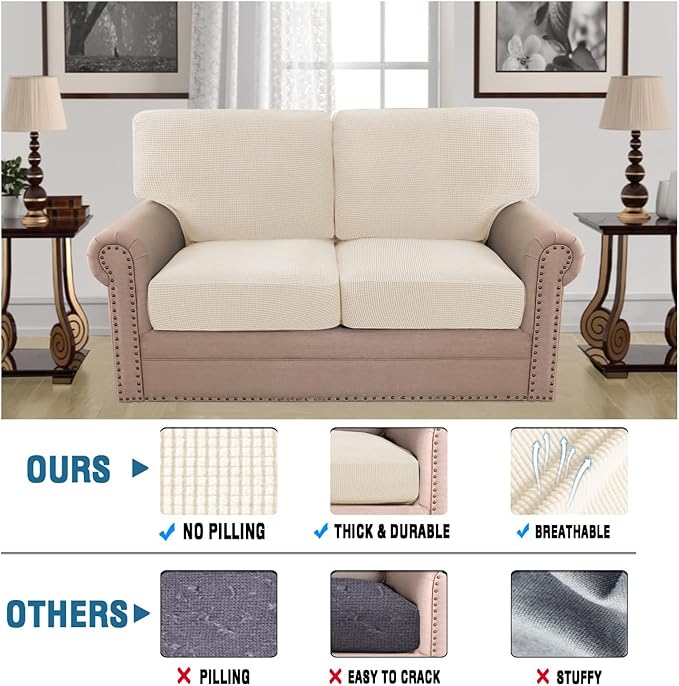 H.VERSAILTEX Multi-Pieces Loveseat Covers for 2 Cushion Couch High Stretch Couch Cushion Covers Jacquard Textured Twill Fabric(2 Seat Covers Plus 2 Back Cushion Covers, Cream)