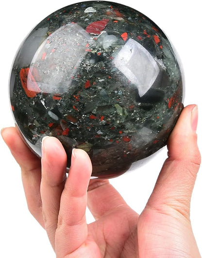 JIC Gem Large Healing Crystal Ball with Decoation Stand African Bloodstone Gemstone Sphere Ball for Meditation Energy Reiki Ball (100-110mm)