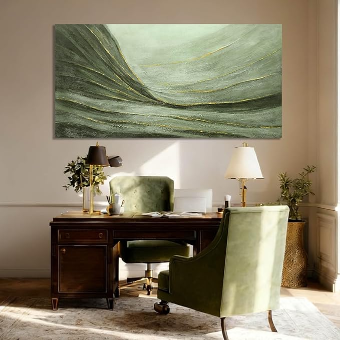 MLART99 Large Green and Gold Abstract Canvas Wall Art 24x48 Inch Modern Minimalist Painting for Living Room Bedroom Office Above Couch Wall Decoration Home Décor