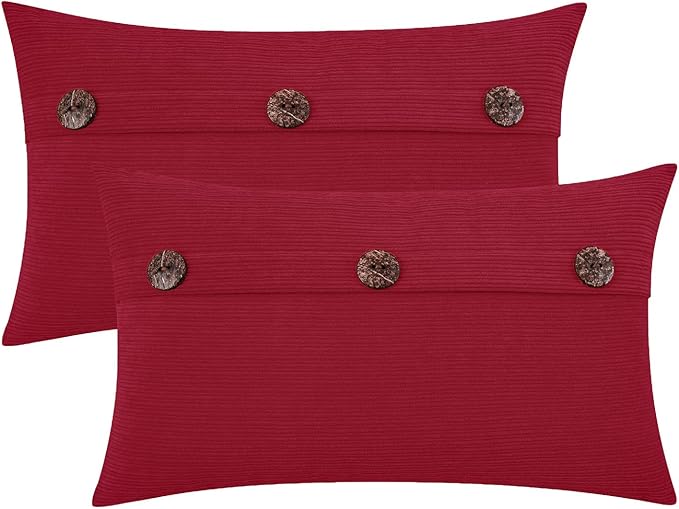 HWY 50 Red Chenille Throw Pillow Covers 12x20 Inch with Triple Buttons, Soft Farmhouse Accent Decorative Cushion Cases for Couch Sofa Bed Living Room Pack of 2 Rectangle