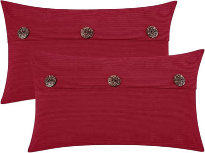 HWY 50 Red Chenille Throw Pillow Covers 12x20 Inch with Triple Buttons, Soft Farmhouse Accent Decorative Cushion Cases for Couch Sofa Bed Living Room Pack of 2 Rectangle