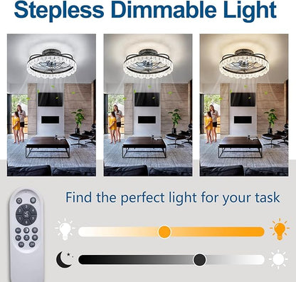 Rustic Black Ceiling Fan with Light, Farmhouse Flower Caged Ceiling Fan with Remote, LED Low Profile Ceiling Light for Bedroom Kitchen Living Room