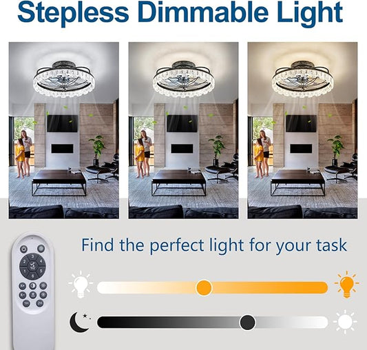 Rustic Black Ceiling Fan with Light, Farmhouse Flower Caged Ceiling Fan with Remote, LED Low Profile Ceiling Light for Bedroom Kitchen Living Room