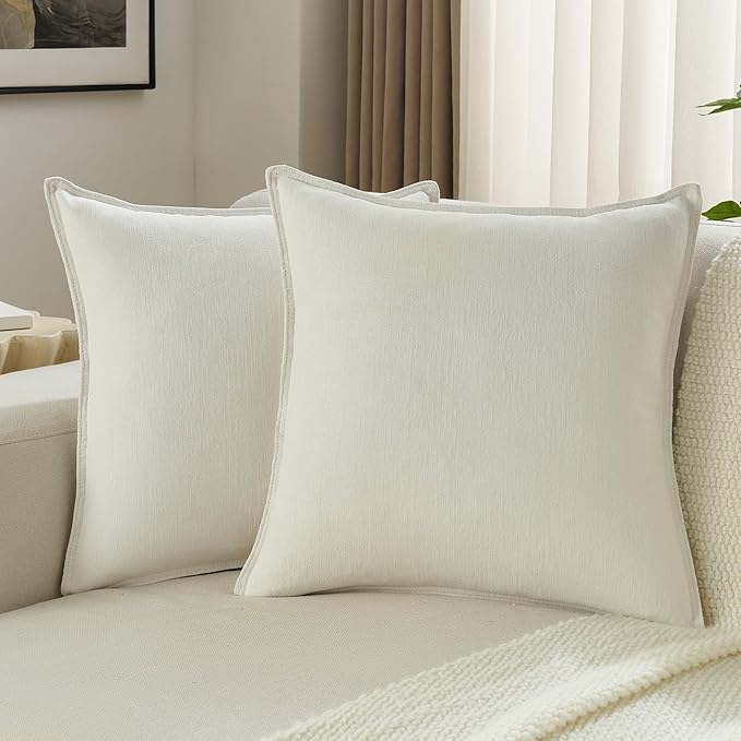 FUTEI Cream White Chenille Throw Pillow Covers 26x26 Inch Set of 2,Edges Double-Stitched Euro Pillow Shams,Modern Home Decor for Couch Living Room