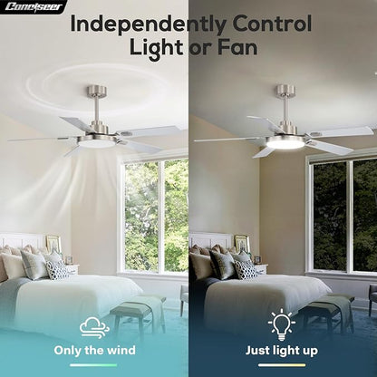 52 Inch Ceiling Fans with Lights and Remote for Bedroom Living Room Kitchen Office, Indoor/Outdoor Use, 5CCT Dimmable, 5 Blades, 6 Speed Reversible Quiet DC Motor, Sand-nickel/Wood Grain