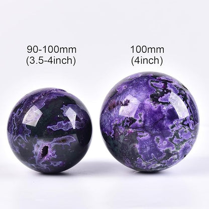JIC Gem Large Purple Moss Agate Crystal Ball 4 inch(100mm) Round Healing Crystals Decorative Sphere with Wooden Stand Meditation Witchcraft Home Decor