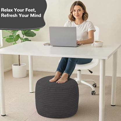 MeMoreCool Stuffed Round Pouf Ottoman Foot Rest, Soft Plush Floor Pouf Foot Stool, Corduray Footstool Footrest, Small Round Ottoman for Living Room Couch Sofa Chair, 20x15 Inch Grey