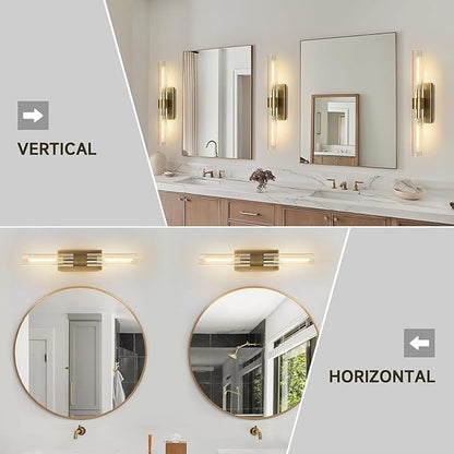 Wall Sconces, 22.8" Gold Bathroom Sconces Wall Lighting with Clear Glass, Modern Sconces Wall Decor Brass Light Fixtures for Bathroom Mirror Living Room Hallway Bedroom