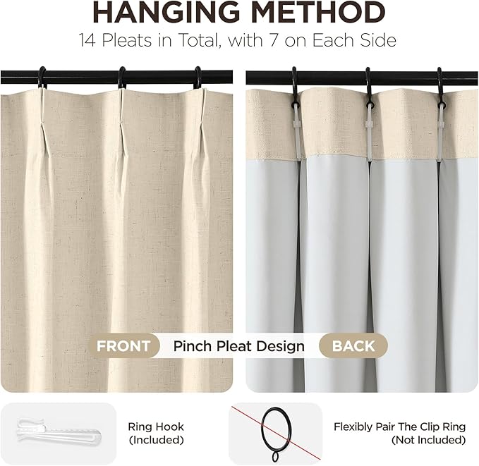 Joydeco 100% Blackout Pleated Curtains, Linen Window Curtains 2 Panel Sets 108 inches Long, Thermal Insulated Darkening Drapes for Bedroom(Bleached Sand,40'' Wx108'' L)
