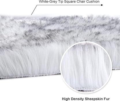 Softlife White Faux Fur Sheepskin Chair Cover 2 PCs Seat Cushion Pad Super Soft Area Rugs for Living Bedroom Sofa Dorm (1.6ft x 1.6ft, White-Grey Tip)
