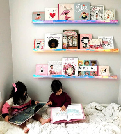 YMVV 35.4 Inches Iridescent Clear Acrylic Books Shelves for Kids Rooms, Floating Shelf Wall Display Bookshelf, Modern Thickened Storage Ledge Shelves Toy Display Organizer Decor 2 Pack