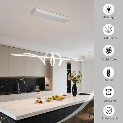 Modern LED Pendant Light, 39.37in Silver Chandelier Dimmable,3000K-6000K Adjustable Color Temperature, Aluminum Modern Kitchen Light Fixture for Dining Room