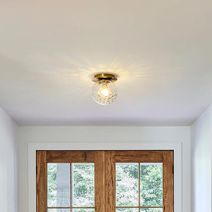 Modern Glass Globe Wall Sconce: Gold Spherical Sconces Light with Hammered Clear Glass Shade - Small Brass Vanity Single Ball Lights Fixture - Contemporary Wall Mounted Lamp for Bedroom Living Room