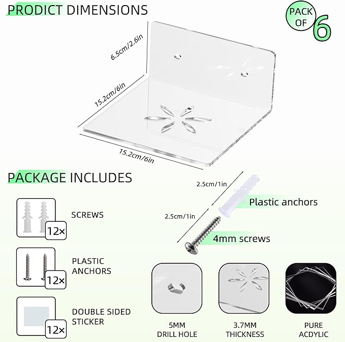 Acrylic Wall Shelves,Clear 6 inch Floating Shelves for Display,Echo,Cameras,Speaker,Router Wall Mounted Transparent Small Invisible Shelves with Adhesive Bedroom Bathroom Living Room