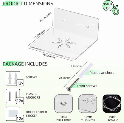 Acrylic Wall Shelves,Clear 6 inch Floating Shelves for Display,Echo,Cameras,Speaker,Router Wall Mounted Transparent Small Invisible Shelves with Adhesive Bedroom Bathroom Living Room