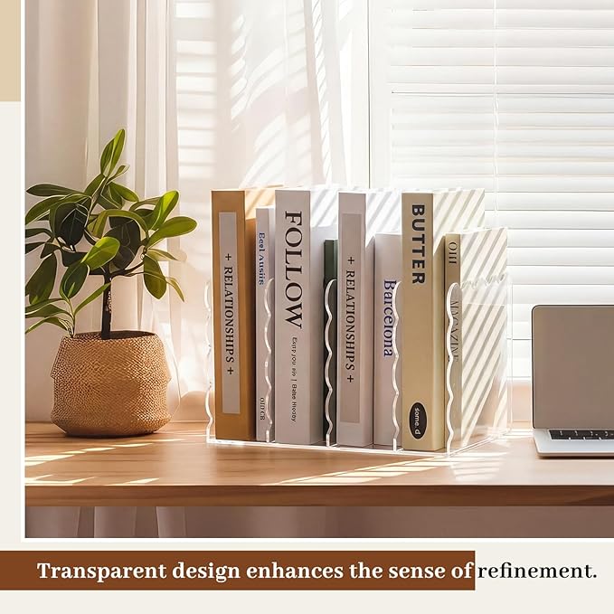 Scalloped Acrylic Magazine Holder with 4 Vertical Compartments 11.22 x 7.28 x 6.5 Inches Clear Acrylic Storage Mail Sorter with Wave Edge Design for Desktop Office Home