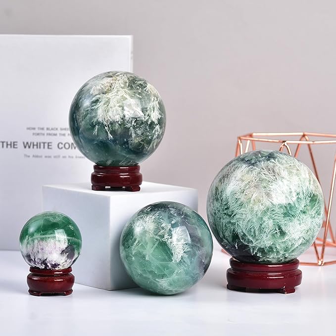 JIC Gem Large Crystal Ball Feather Fluorite Healing Crystals Sphere with Wooden Stand Meditation Home Decor 3.5-4 inch (90-100mm)