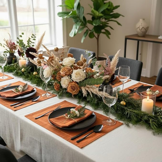 D'Moksha Homes Rust Linen Placemats Set of 4 - Classic Hemstitch Placemats 14 x 19 Inch - 100% Pure Linen Table Mats for Winter, Holiday, New Year - Handcrafted and Machine Washable