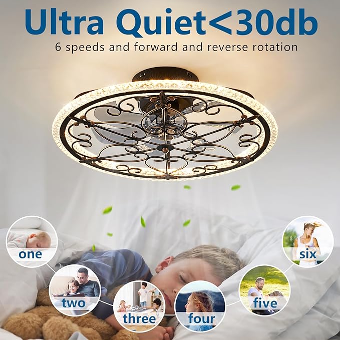 Rustic Black Caged Ceiling Fan with Light, Farmhouse Caged Ceiling Fan with Remote, LED Low Profile Ceiling Light for Bedroom Kitchen Living Room