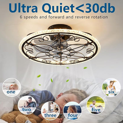 Rustic Black Caged Ceiling Fan with Light, Farmhouse Caged Ceiling Fan with Remote, LED Low Profile Ceiling Light for Bedroom Kitchen Living Room